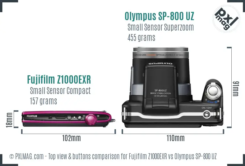 Fujifilm Z1000EXR vs Olympus SP-800 UZ top view buttons comparison