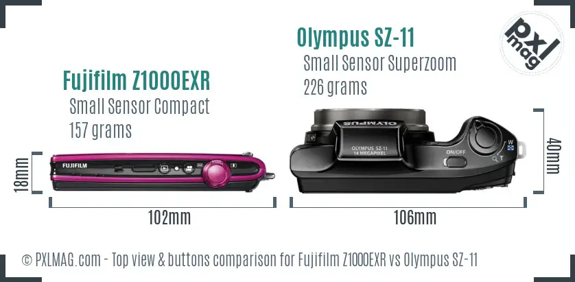 Fujifilm Z1000EXR vs Olympus SZ-11 top view buttons comparison Fujifilm Z1000EXR vs Olympus SZ-11 top view buttons comparison