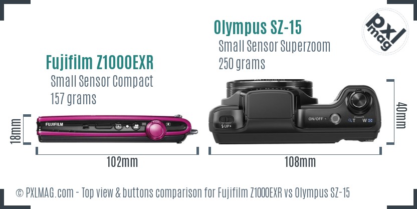 Fujifilm Z1000EXR vs Olympus SZ-15 top view buttons comparison