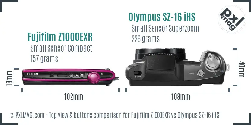 Fujifilm Z1000EXR vs Olympus SZ-16 iHS top view buttons comparison