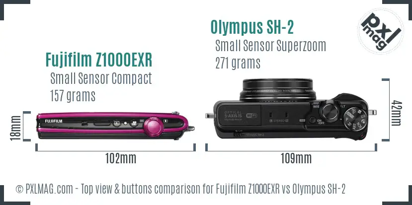 Fujifilm Z1000EXR vs Olympus SH-2 top view buttons comparison