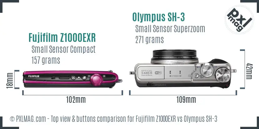 Fujifilm Z1000EXR vs Olympus SH-3 top view buttons comparison