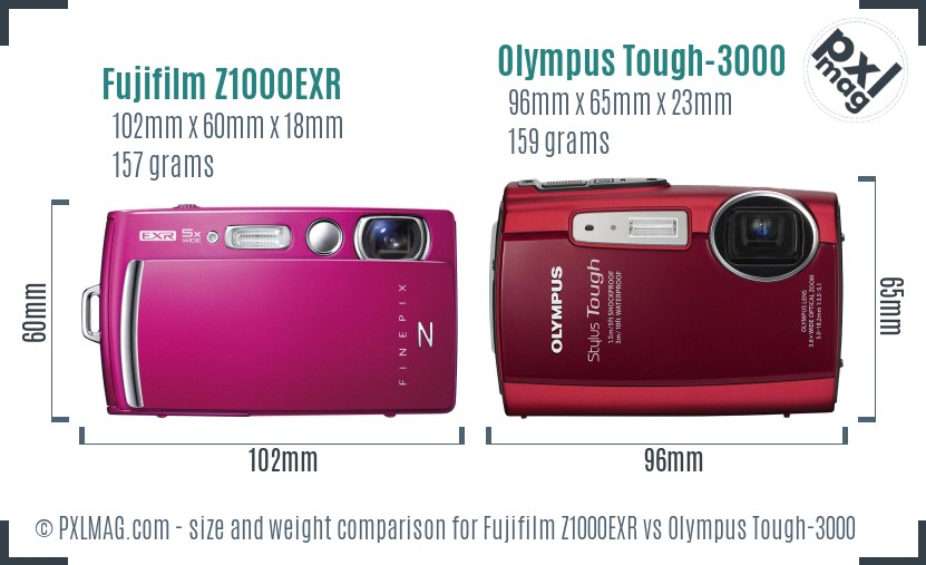 Fujifilm Z1000EXR vs Olympus Tough-3000 size comparison