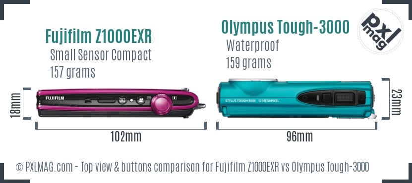 Fujifilm Z1000EXR vs Olympus Tough-3000 top view buttons comparison