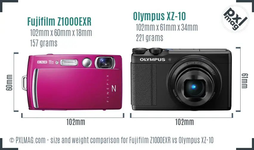 Fujifilm Z1000EXR vs Olympus XZ-10 size comparison