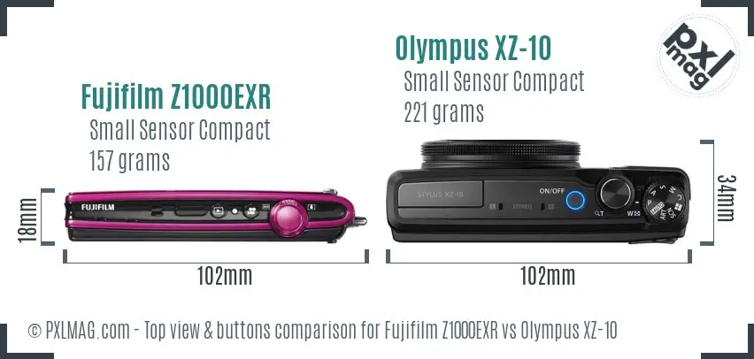 Fujifilm Z1000EXR vs Olympus XZ-10 top view buttons comparison