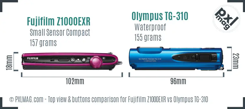 Fujifilm Z1000EXR vs Olympus TG-310 top view buttons comparison