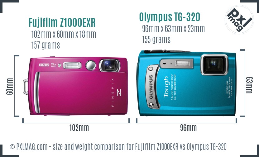 Fujifilm Z1000EXR vs Olympus TG-320 size comparison
