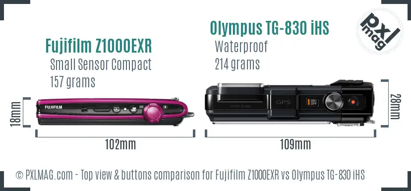 Fujifilm Z1000EXR vs Olympus TG-830 iHS top view buttons comparison Fujifilm Z1000EXR vs Olympus TG-830 iHS top view buttons comparison