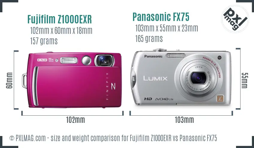 Fujifilm Z1000EXR vs Panasonic FX75 size comparison