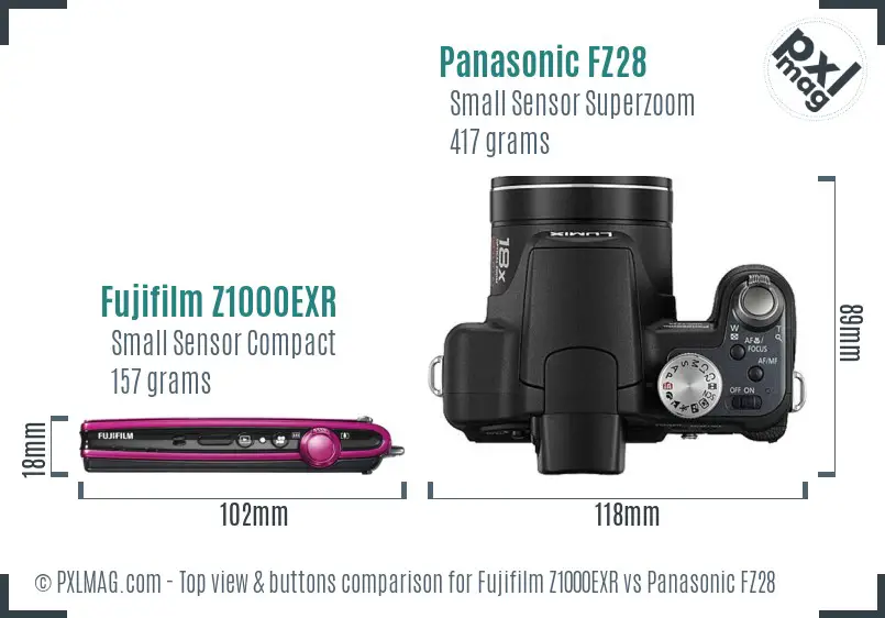 Fujifilm Z1000EXR vs Panasonic FZ28 top view buttons comparison