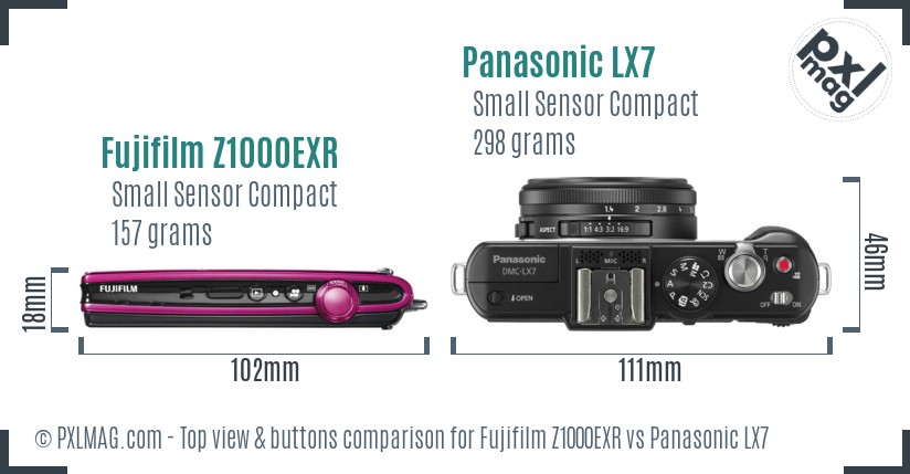 Fujifilm Z1000EXR vs Panasonic LX7 top view buttons comparison