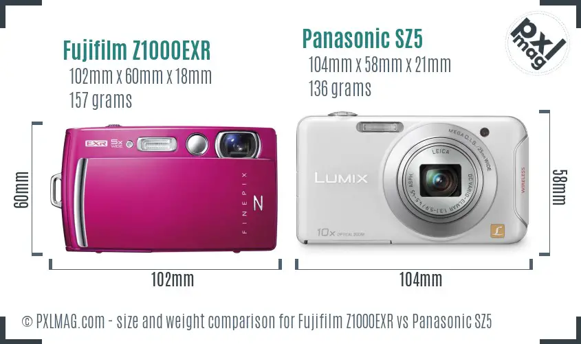 Fujifilm Z1000EXR vs Panasonic SZ5 size comparison