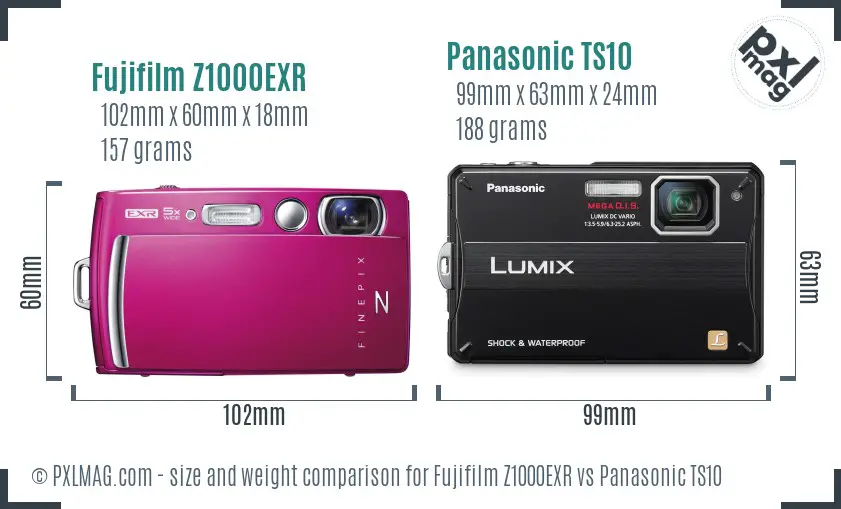 Fujifilm Z1000EXR vs Panasonic TS10 size comparison