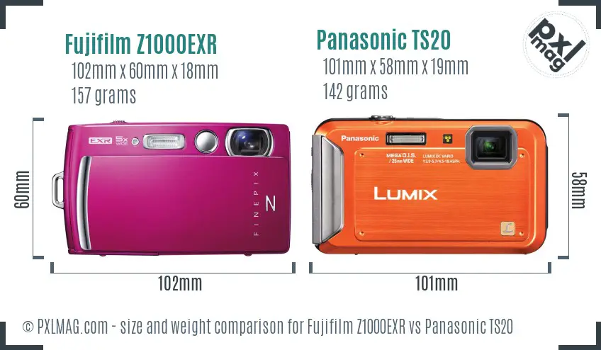 Fujifilm Z1000EXR vs Panasonic TS20 size comparison