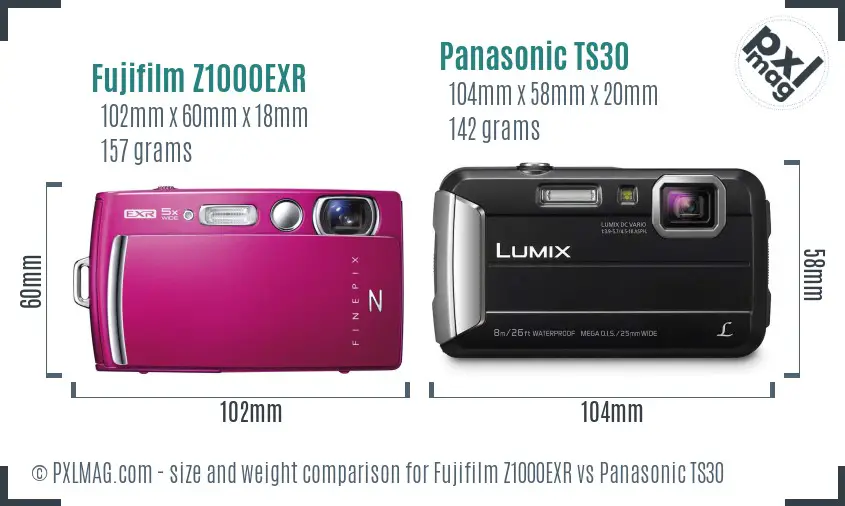 Fujifilm Z1000EXR vs Panasonic TS30 size comparison