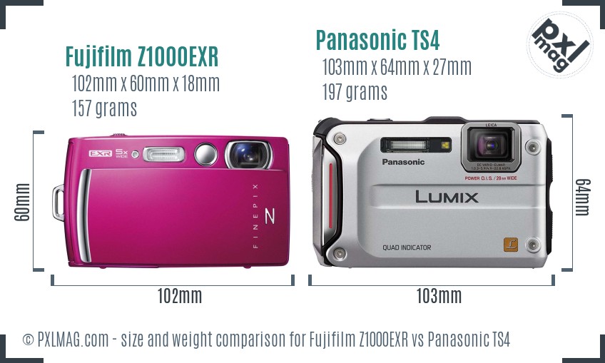 Fujifilm Z1000EXR vs Panasonic TS4 size comparison