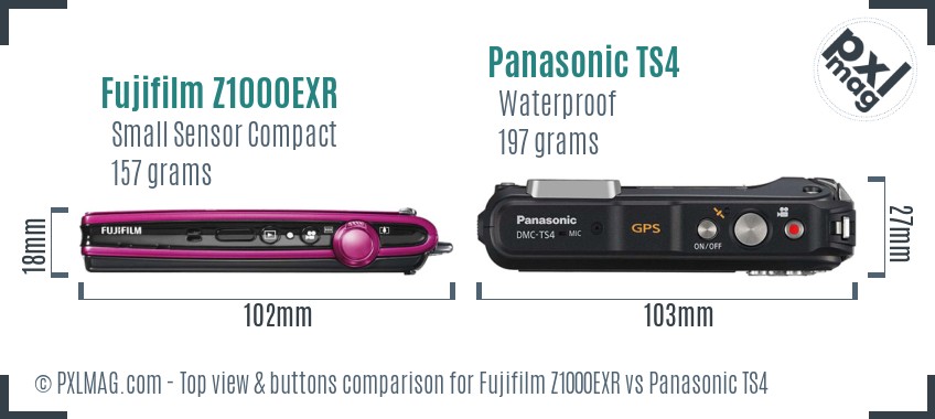 Fujifilm Z1000EXR vs Panasonic TS4 top view buttons comparison