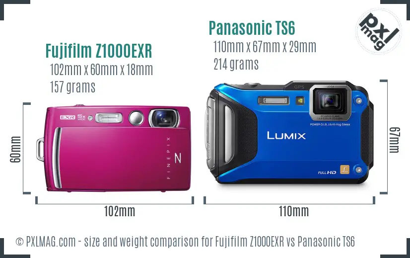Fujifilm Z1000EXR vs Panasonic TS6 size comparison