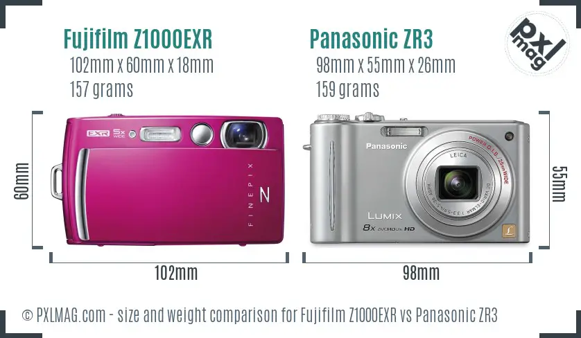 Fujifilm Z1000EXR vs Panasonic ZR3 size comparison