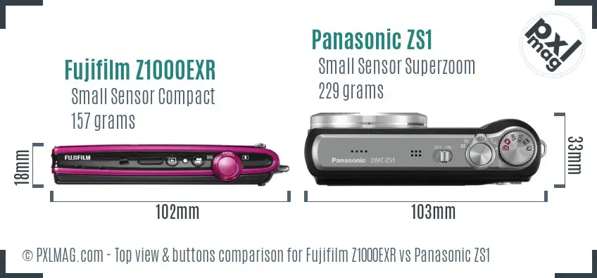 Fujifilm Z1000EXR vs Panasonic ZS1 top view buttons comparison