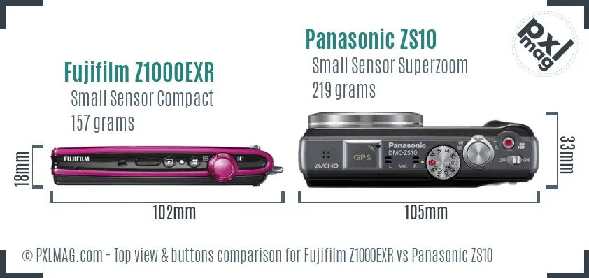 Fujifilm Z1000EXR vs Panasonic ZS10 top view buttons comparison