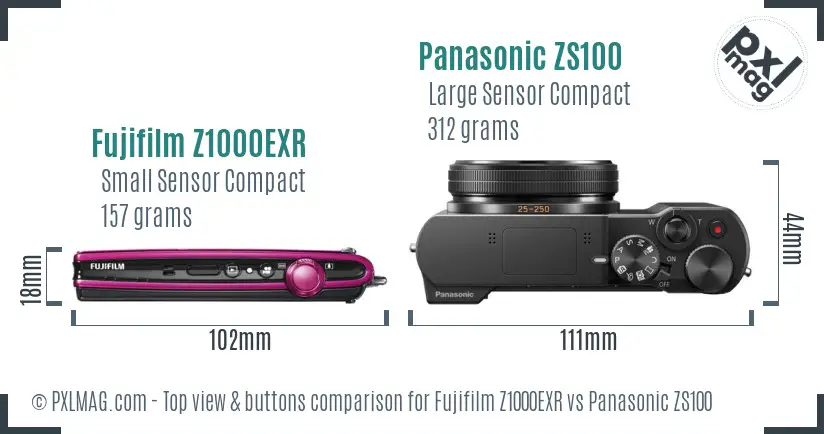 Fujifilm Z1000EXR vs Panasonic ZS100 top view buttons comparison
