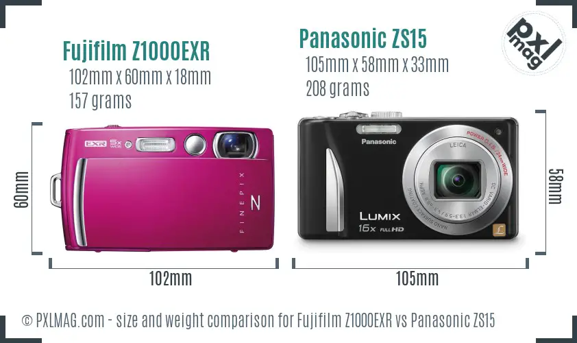 Fujifilm Z1000EXR vs Panasonic ZS15 size comparison