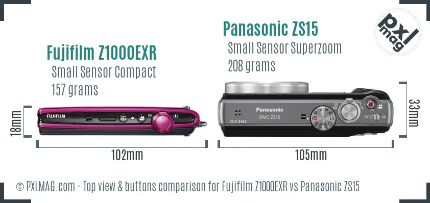 Fujifilm Z1000EXR vs Panasonic ZS15 top view buttons comparison
