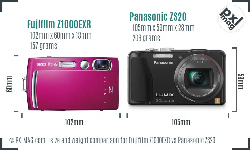 Fujifilm Z1000EXR vs Panasonic ZS20 size comparison