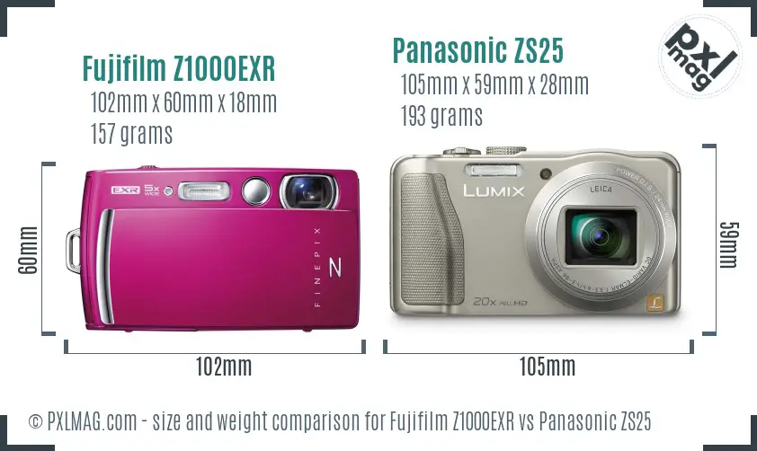 Fujifilm Z1000EXR vs Panasonic ZS25 size comparison
