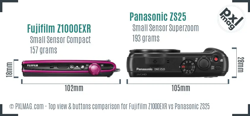 Fujifilm Z1000EXR vs Panasonic ZS25 top view buttons comparison