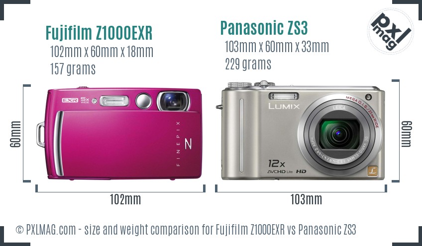 Fujifilm Z1000EXR vs Panasonic ZS3 size comparison