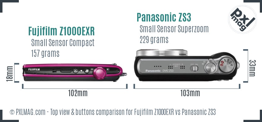 Fujifilm Z1000EXR vs Panasonic ZS3 top view buttons comparison