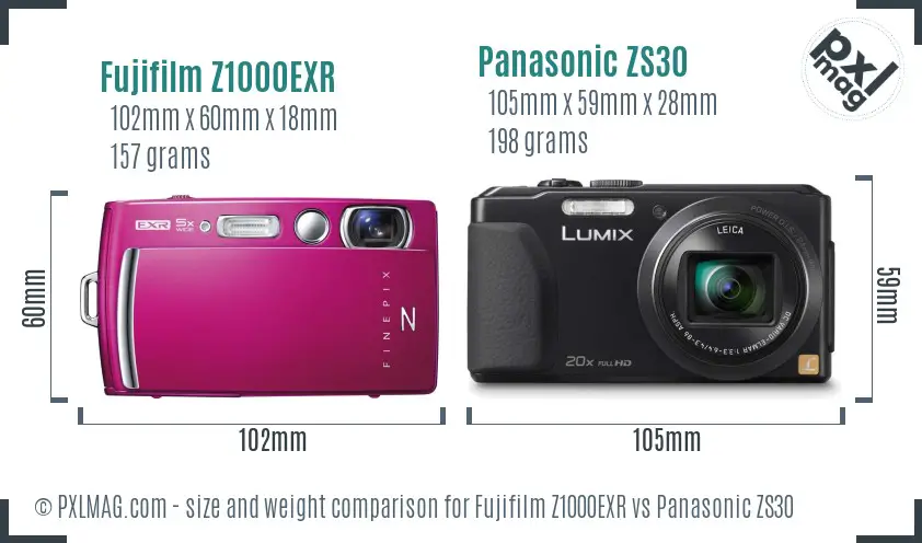 Fujifilm Z1000EXR vs Panasonic ZS30 size comparison
