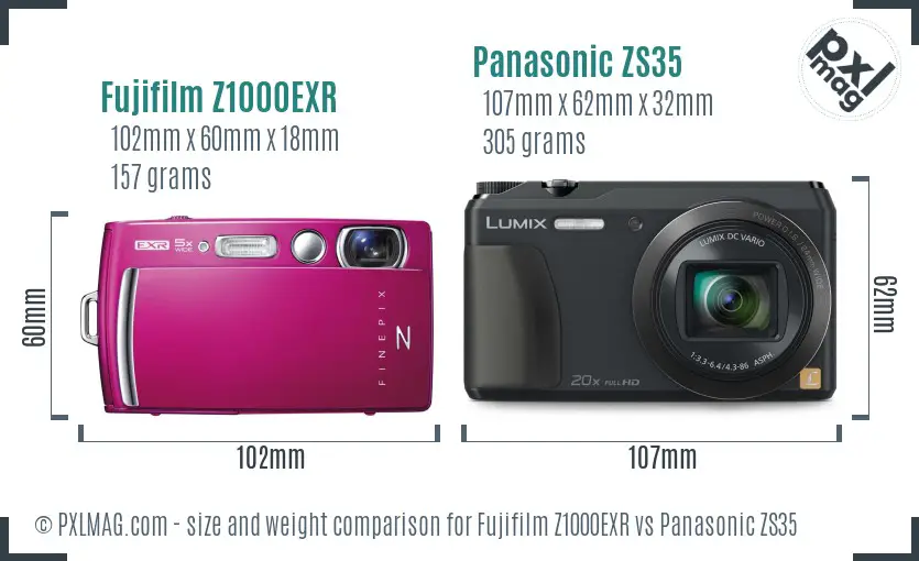 Fujifilm Z1000EXR vs Panasonic ZS35 size comparison