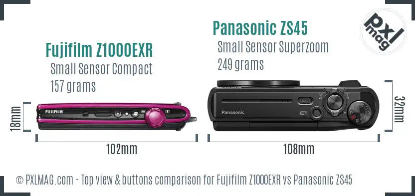 Fujifilm Z1000EXR vs Panasonic ZS45 top view buttons comparison Fujifilm Z1000EXR vs Panasonic ZS45 top view buttons comparison