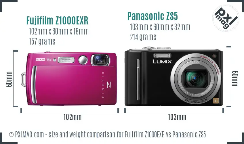 Fujifilm Z1000EXR vs Panasonic ZS5 size comparison