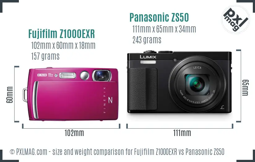 Fujifilm Z1000EXR vs Panasonic ZS50 size comparison