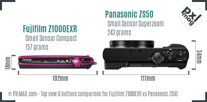 Fujifilm Z1000EXR vs Panasonic ZS50 top view buttons comparison