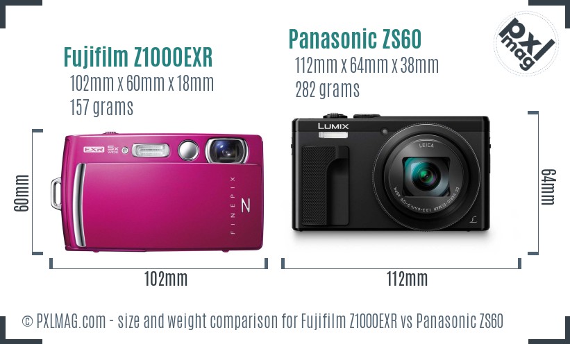Fujifilm Z1000EXR vs Panasonic ZS60 size comparison