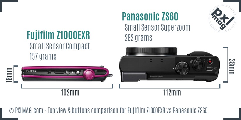 Fujifilm Z1000EXR vs Panasonic ZS60 top view buttons comparison