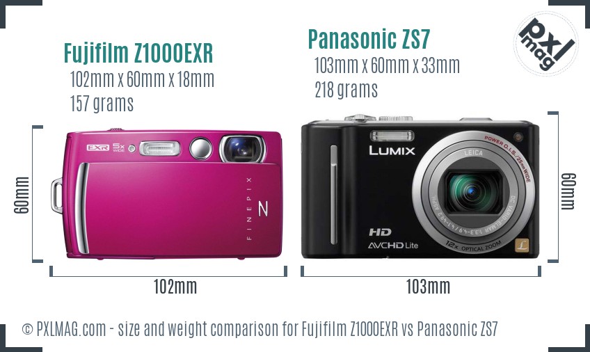 Fujifilm Z1000EXR vs Panasonic ZS7 size comparison
