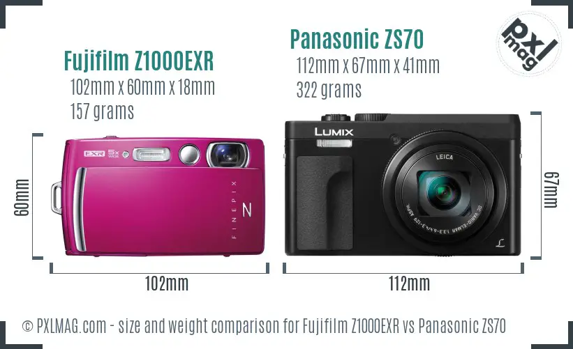 Fujifilm Z1000EXR vs Panasonic ZS70 size comparison
