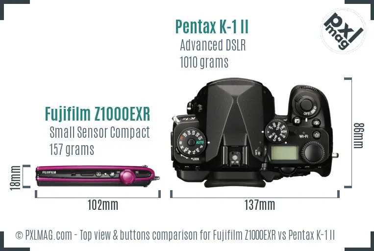 Fujifilm Z1000EXR vs Pentax K-1 II top view buttons comparison