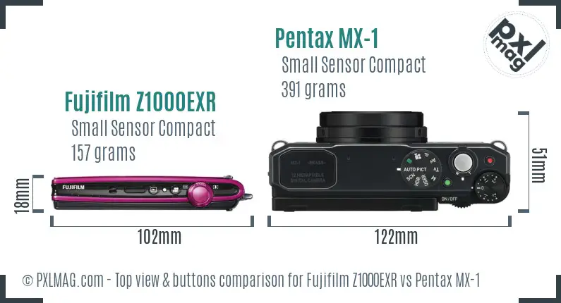 Fujifilm Z1000EXR vs Pentax MX-1 top view buttons comparison