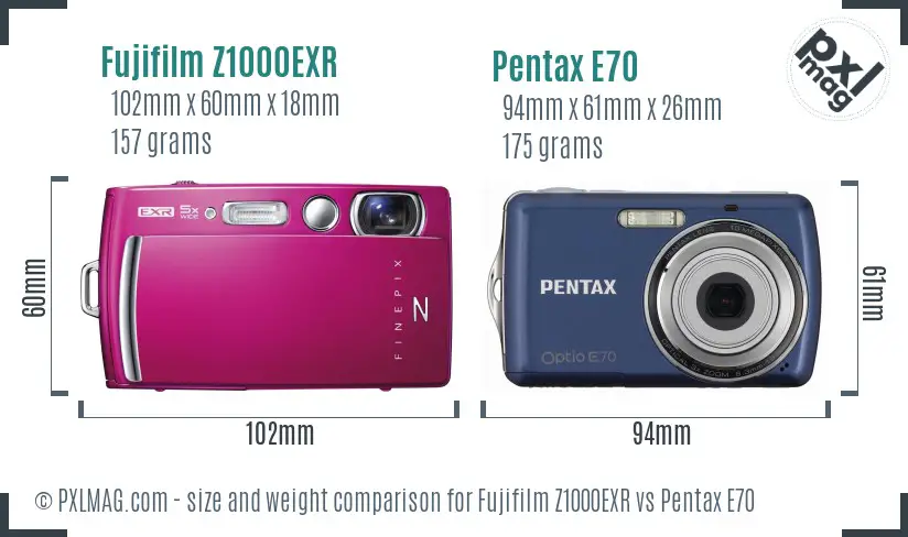Fujifilm Z1000EXR vs Pentax E70 size comparison