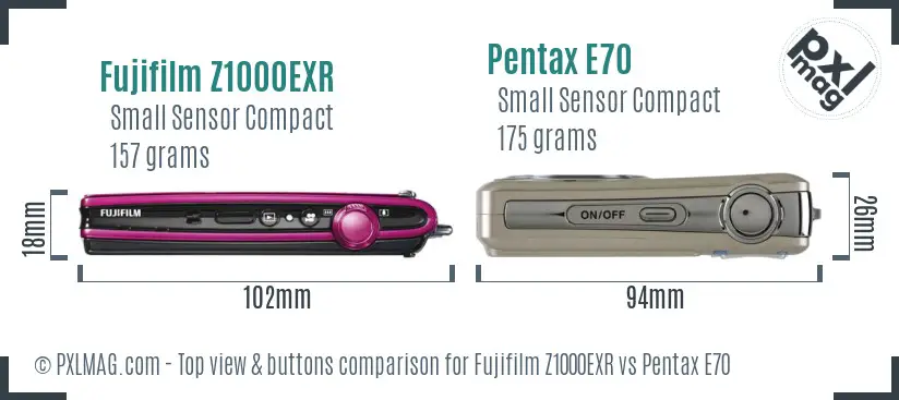 Fujifilm Z1000EXR vs Pentax E70 top view buttons comparison