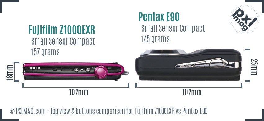 Fujifilm Z1000EXR vs Pentax E90 top view buttons comparison