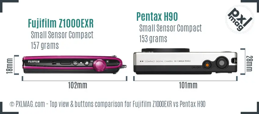 Fujifilm Z1000EXR vs Pentax H90 top view buttons comparison